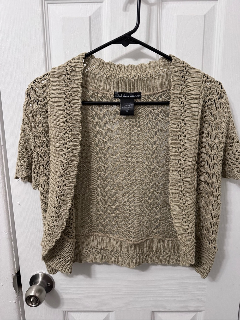 Crochet Open-Front Short-Sleeve Cardigan Sweater - Taupe
